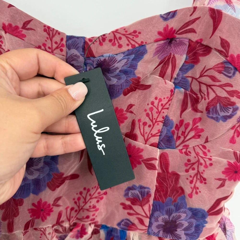 Lulus Delightful Look Magenta Floral Print Bustier‎ Midi Skater Dress Size L - Picture 8 of 14